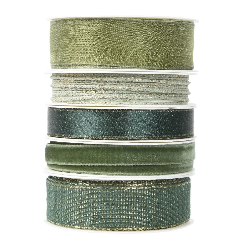 eminza Lot de 5 rubans de Noël 3 m - Satin et velours Vert