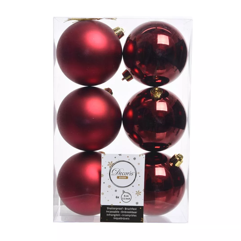 eminza Lot de 6 boules de Noël (D80 mm) Alpine Bordeaux