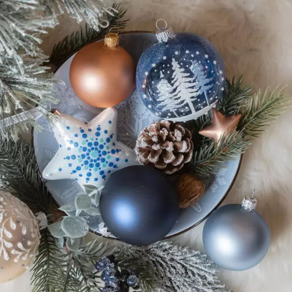 Eminza Lot De 6 Boules De Noël (D80 Mm) En Verre Forêt De Sapins Bleu