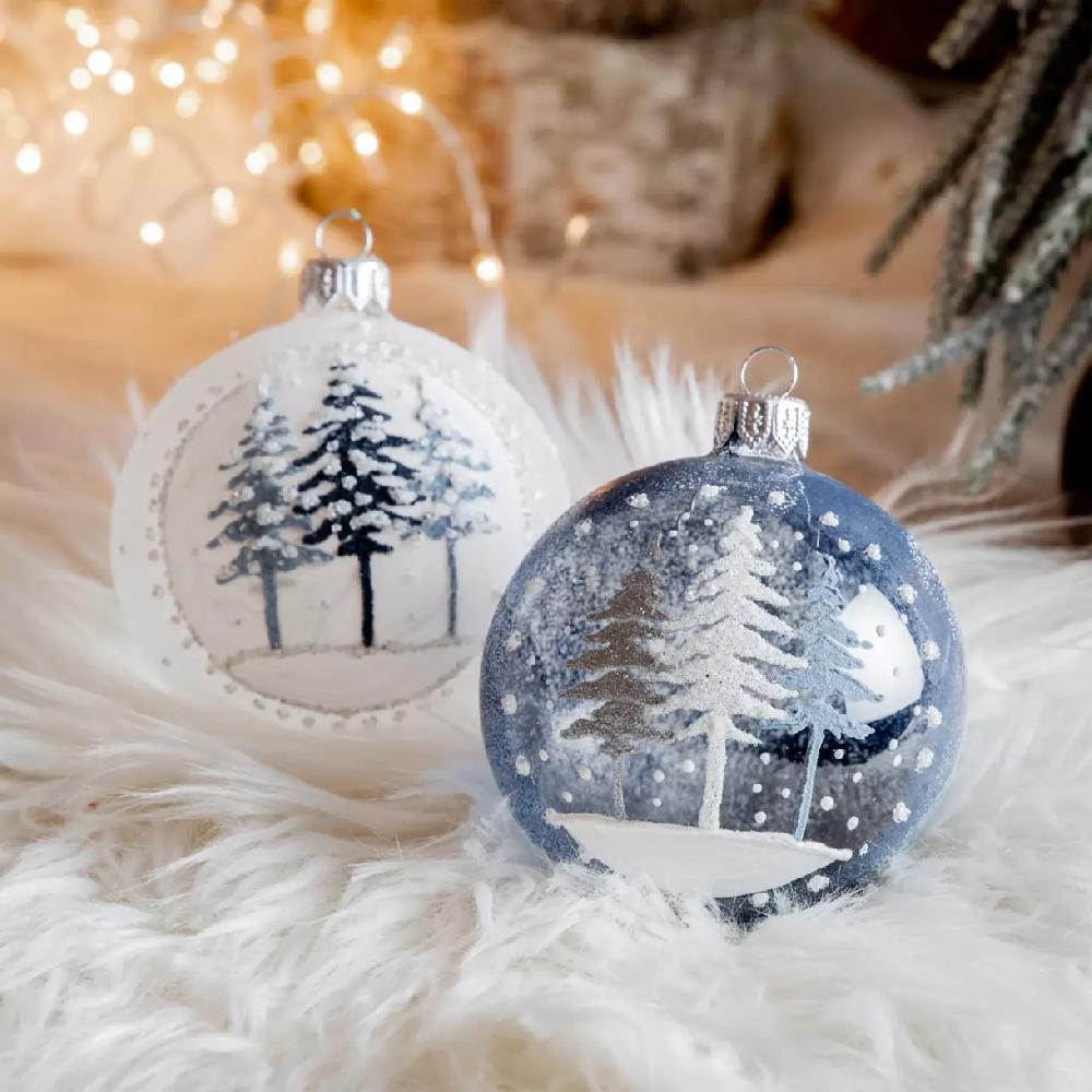 eminza Lot de 6 boules de Noël (D80 mm) en verre Forêt de sapins Bleu