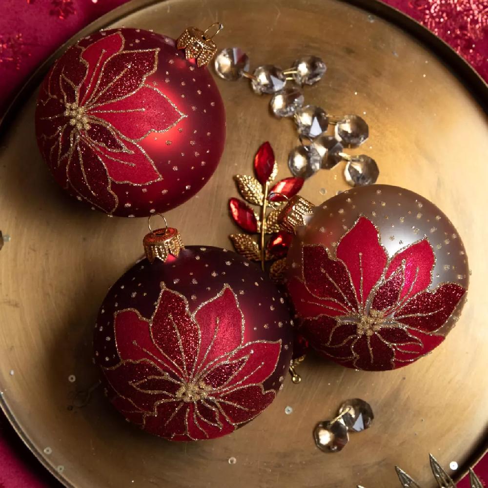 eminza Lot de 6 boules de Noël (D80 mm) en verre Poinsettia Rouge
