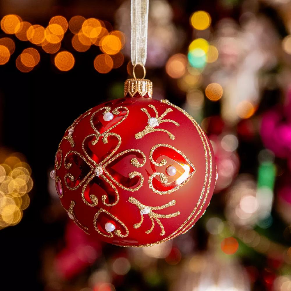 eminza Lot de 6 boules de Noël en verre (D80 mm) Baroque Rouge