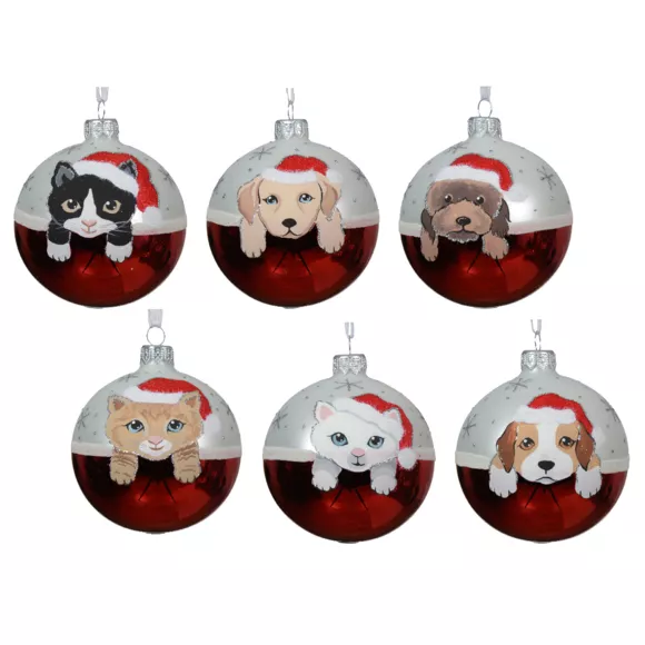 Eminza Lot De 6 Boules De Noël En Verre (D80 Mm) Chiens Et Chats