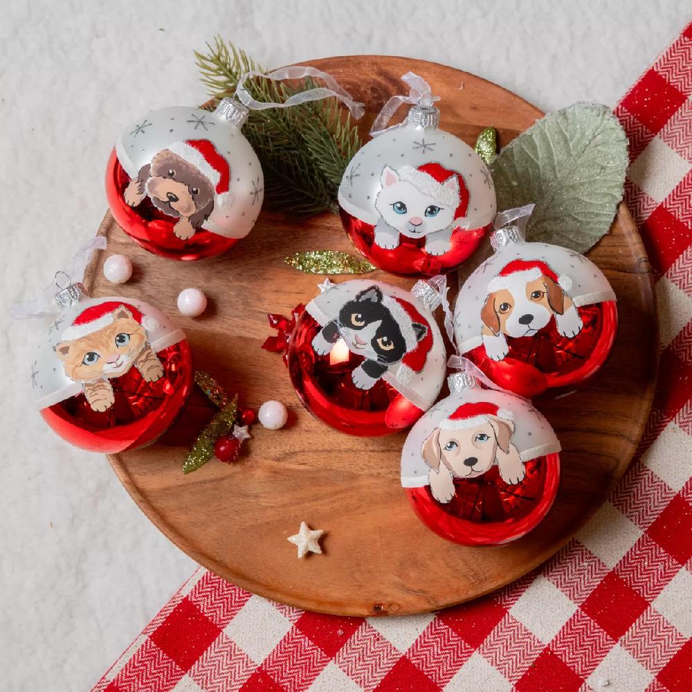 eminza Lot de 6 boules de Noël en verre (D80 mm) Chiens et Chats