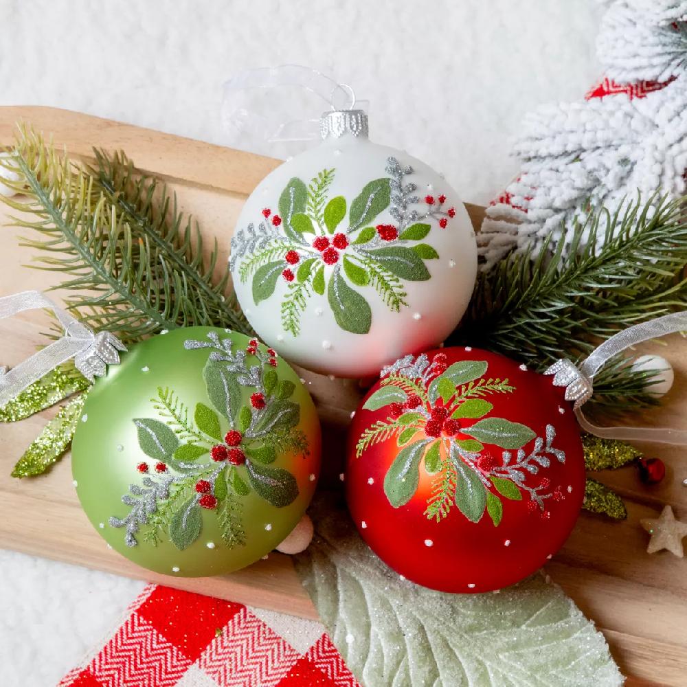 eminza Lot de 6 boules de Noël en verre (D80 mm) Feuilles de Houx Multicolore