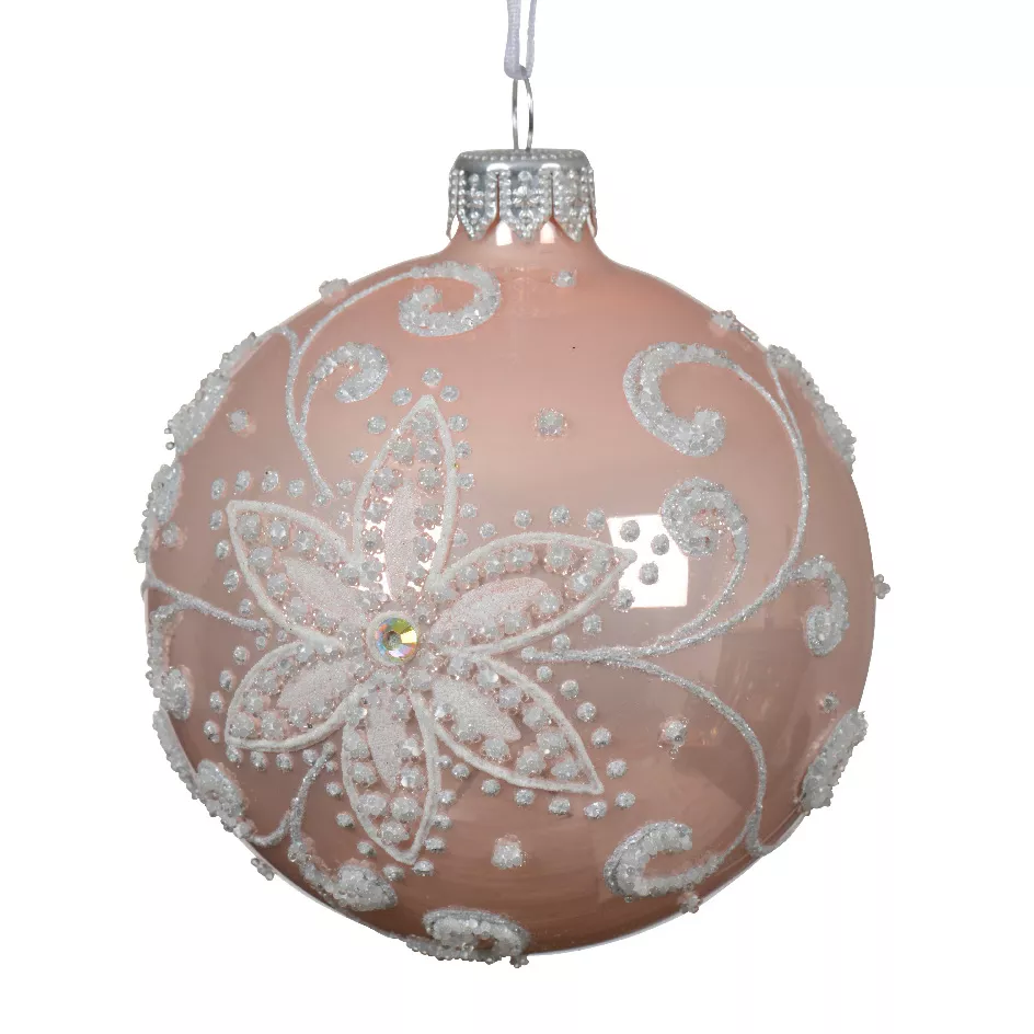 eminza Lot de 6 boules de Noël en verre (D80 mm) Fleur de porcelaine Rose