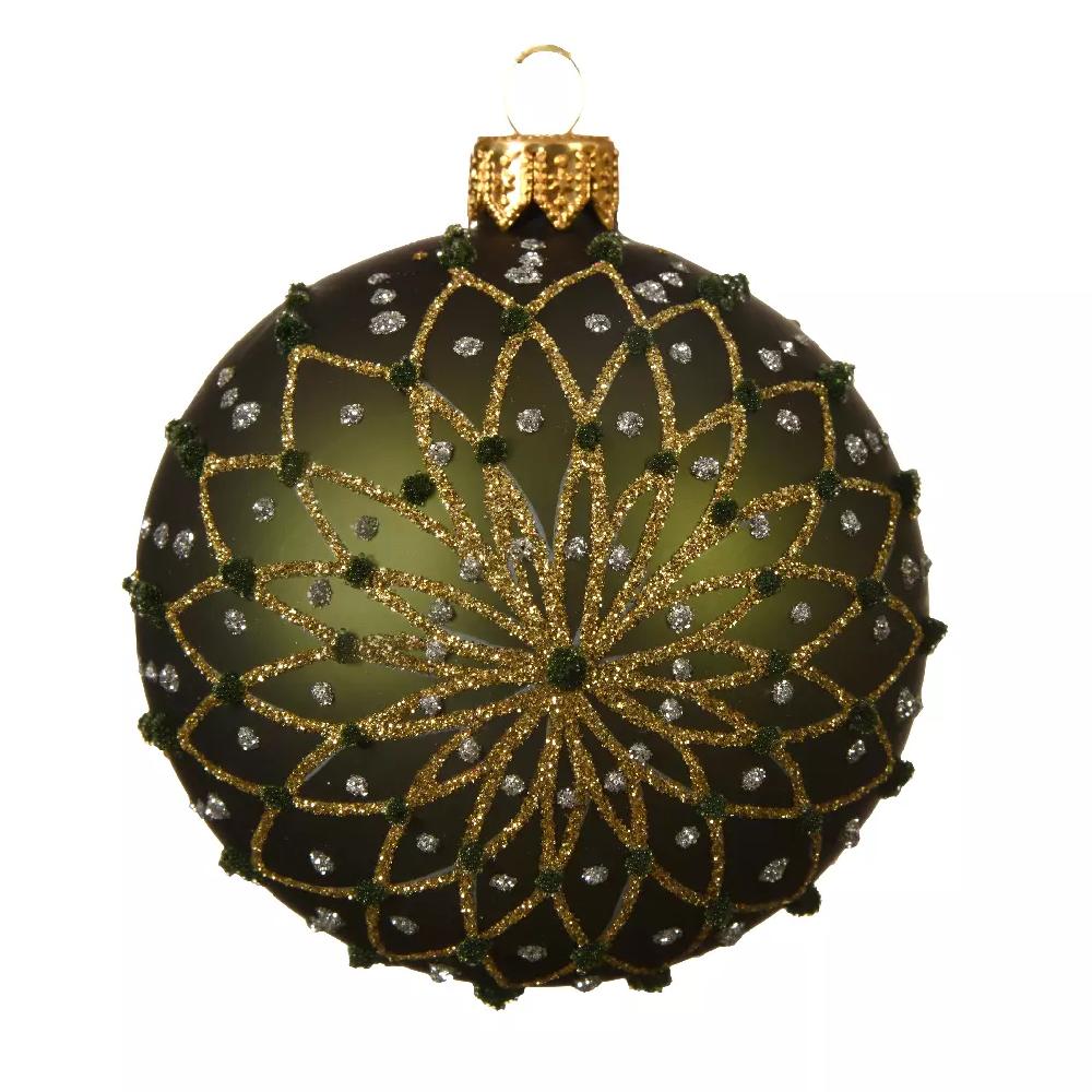eminza Lot de 6 boules de Noël en verre (D80 mm) Fleurs pailletées Vert sapin