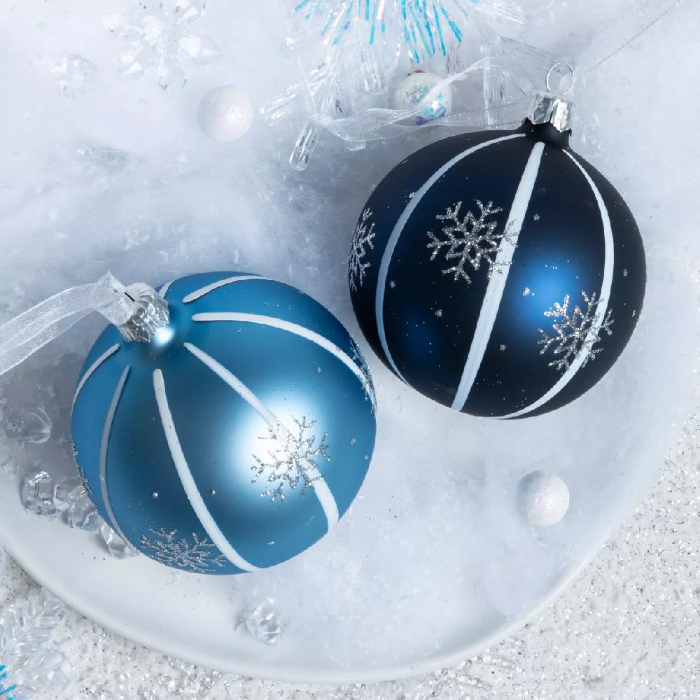 eminza Lot de 6 boules de Noël en verre (D80 mm) Flocons de Nuit Bleu