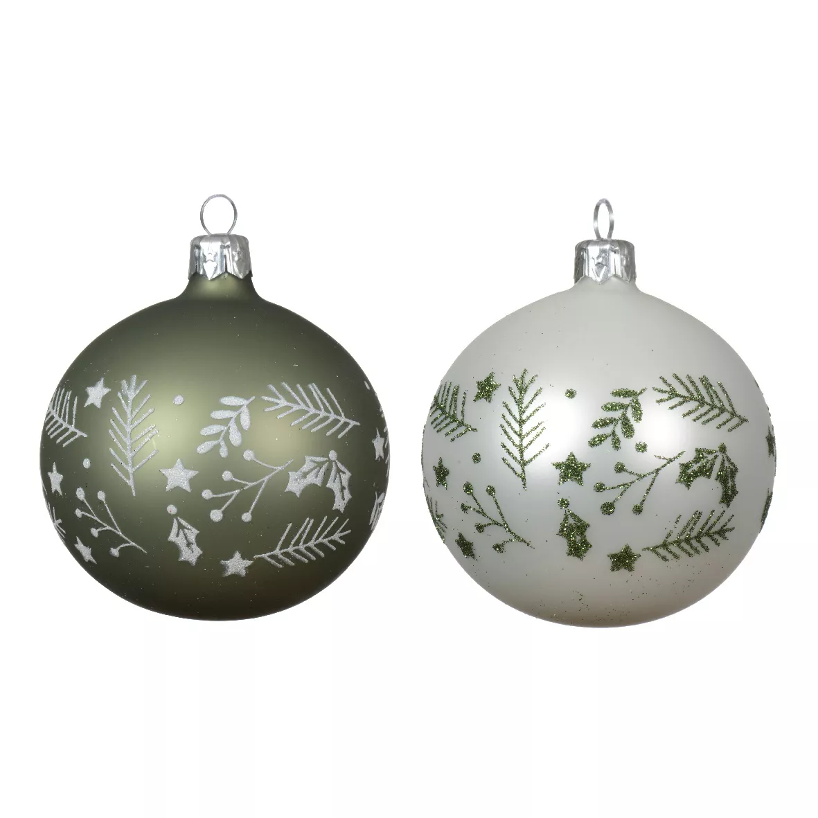 eminza Lot de 6 boules de Noël en verre (D80 mm) Forêt Blanc et Vert romarin