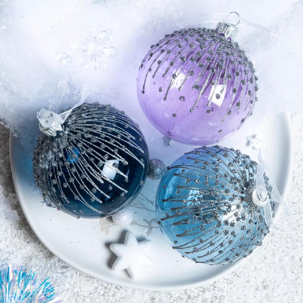 eminza Lot de 6 boules de Noël en verre (D80 mm) Givrées Bleu glacé et lilas