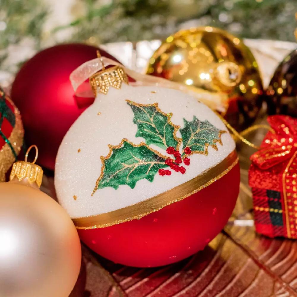 eminza Lot de 6 boules de Noël en verre (D80 mm) Houx Rouge