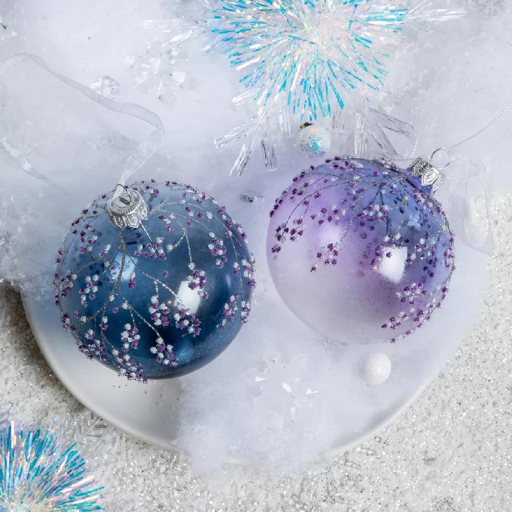 eminza Lot de 6 boules de Noël en verre (D80 mm) Magie glacée Bleu et lilas
