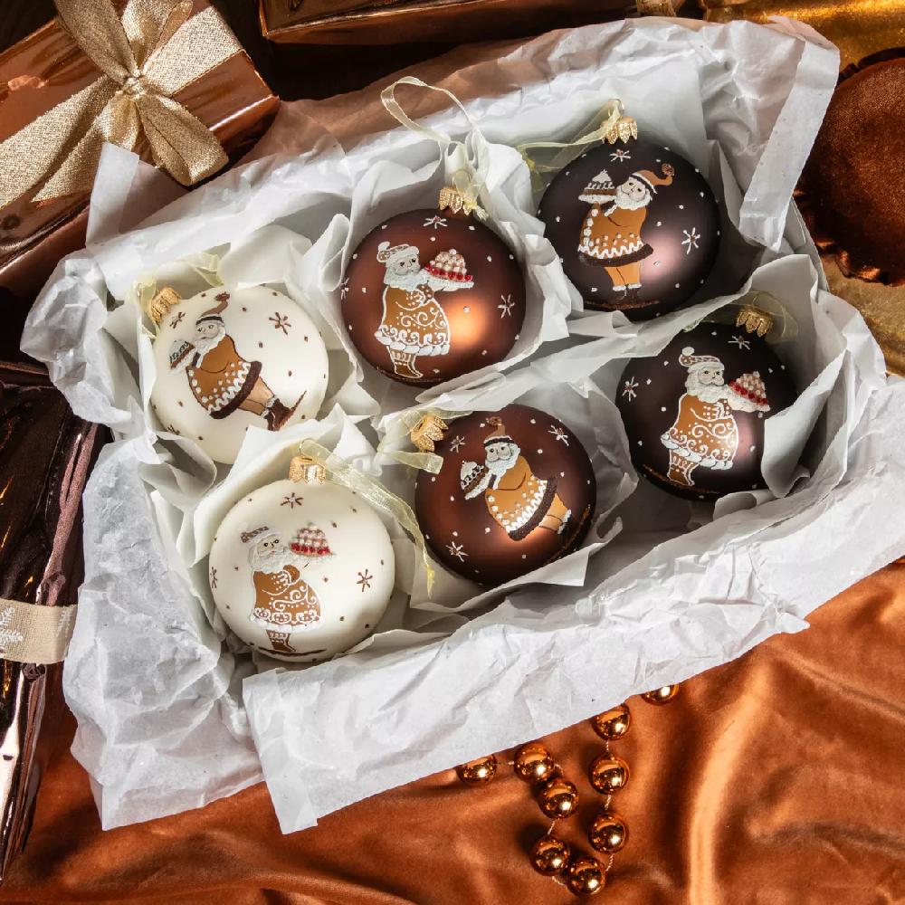 eminza Lot de 6 boules de Noël en verre (D80 mm) Père Noël Gourmand