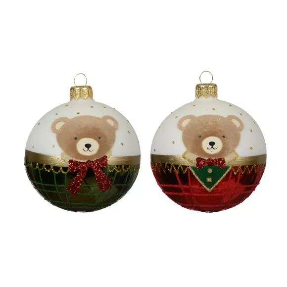 Eminza Lot De 6 Boules De Noël En Verre (D80 Mm) Petit Ourson Vert Et Rouge