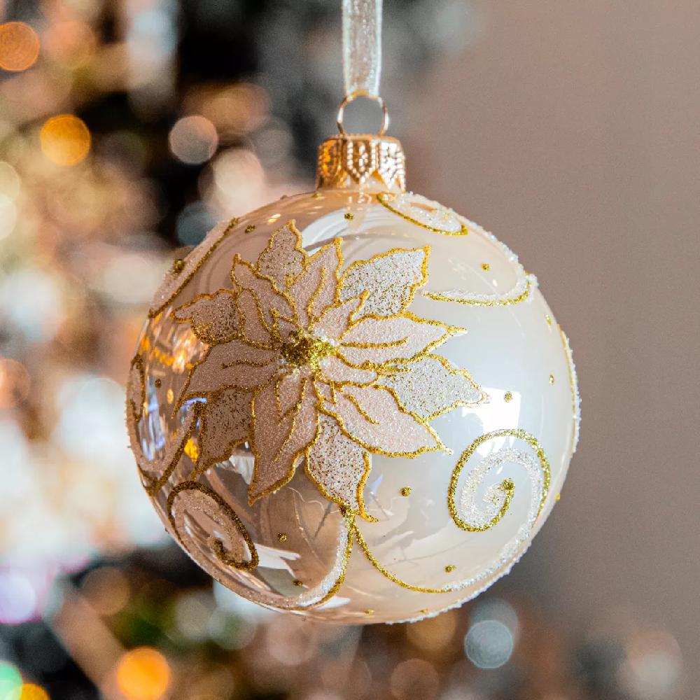 eminza Lot de 6 boules de Noël en verre (D80 mm) Poinsettia Perle