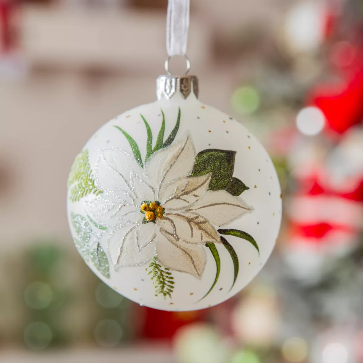 eminza Lot de 6 boules de Noël en verre (D80 mm) Poinsettia Blanc d'hiver