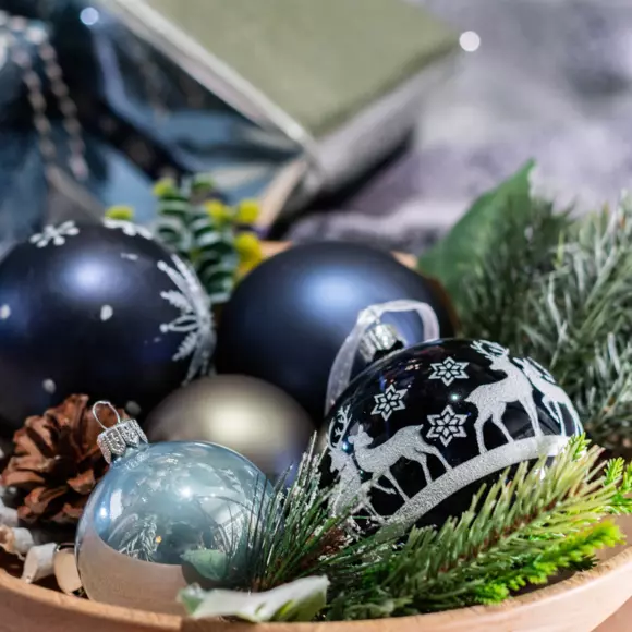 Eminza Lot De 6 Boules De Noël En Verre (D80 Mm) Sous La Neige Bleu Nuit