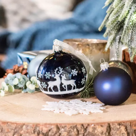 Eminza Lot De 6 Boules De Noël En Verre (D80 Mm) Sous La Neige Bleu Nuit