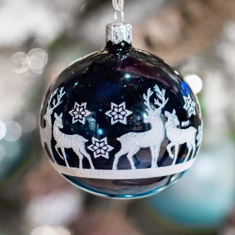 eminza Lot de 6 boules de Noël en verre (D80 mm) Sous la neige Bleu nuit