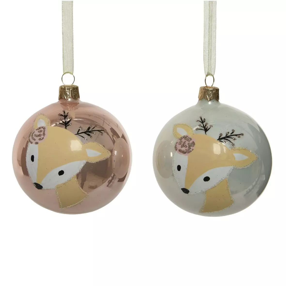 eminza Lot de 6 boules de Noël en verre (D80 mm) Tête de cerf Rose poudré