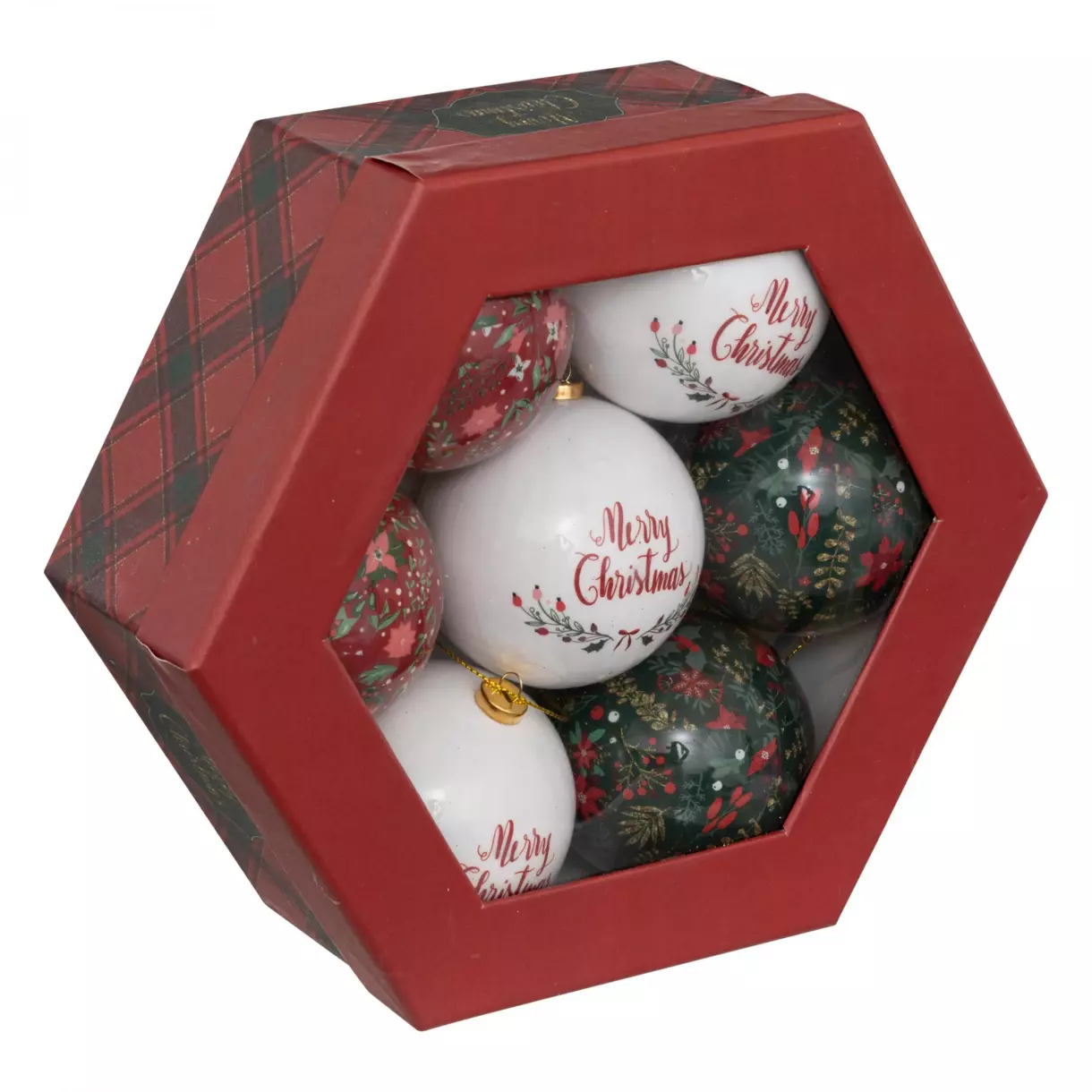 eminza Lot de 7 boules de Noël (D75 mm) Merry Christmas Rouge