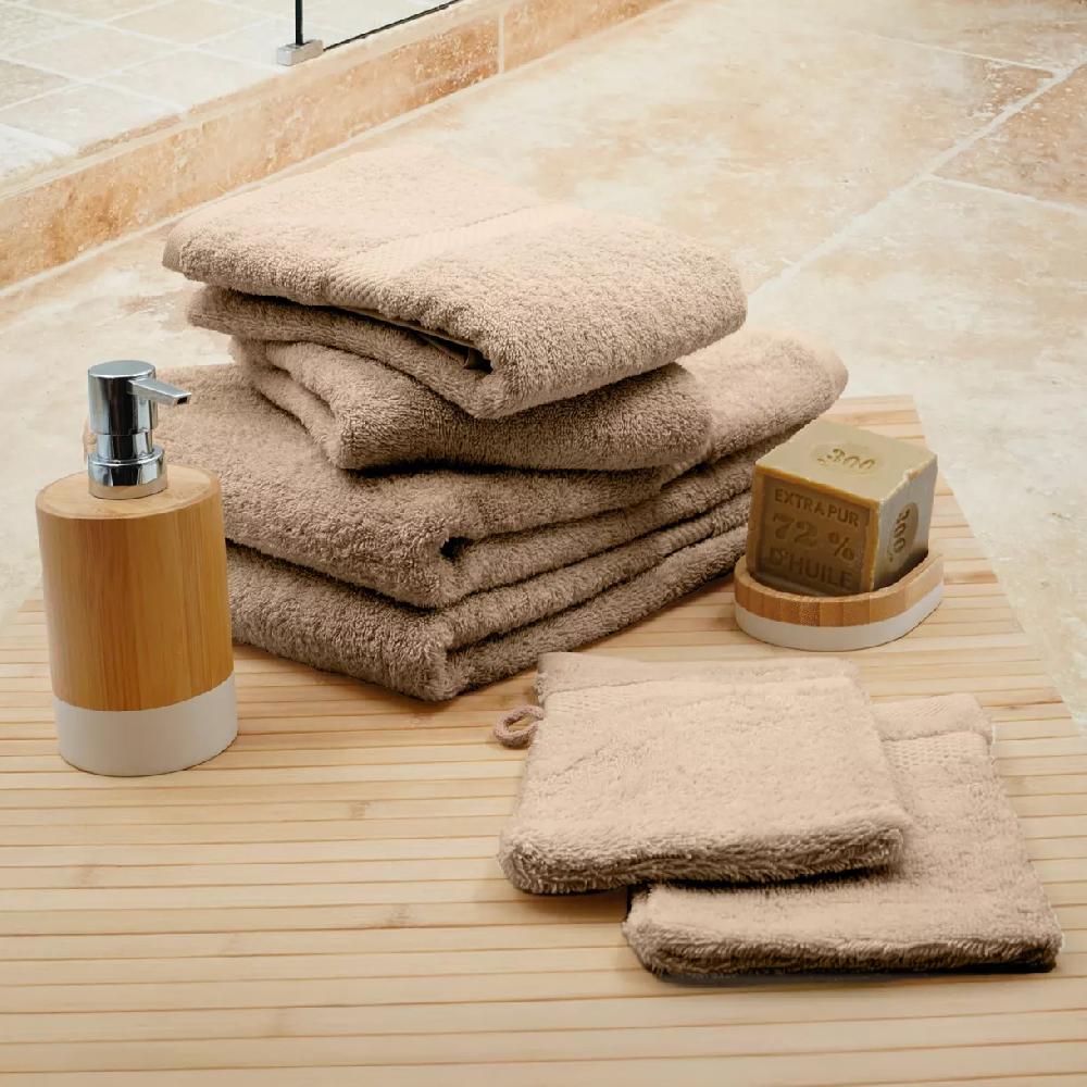 eminza Lot de serviettes de bain 50x90 cm x2 + serviettes 70x130cm x2 + gants de toilette x2 Elegance Noisette