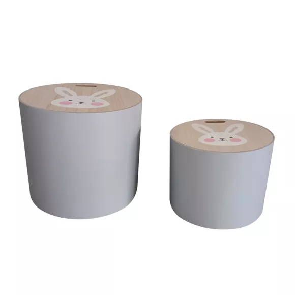 Eminza Lots De 2 Poufs De Rangement Gigognes Enfant Bois (H31 Et 24 Cm) Lapin Gris