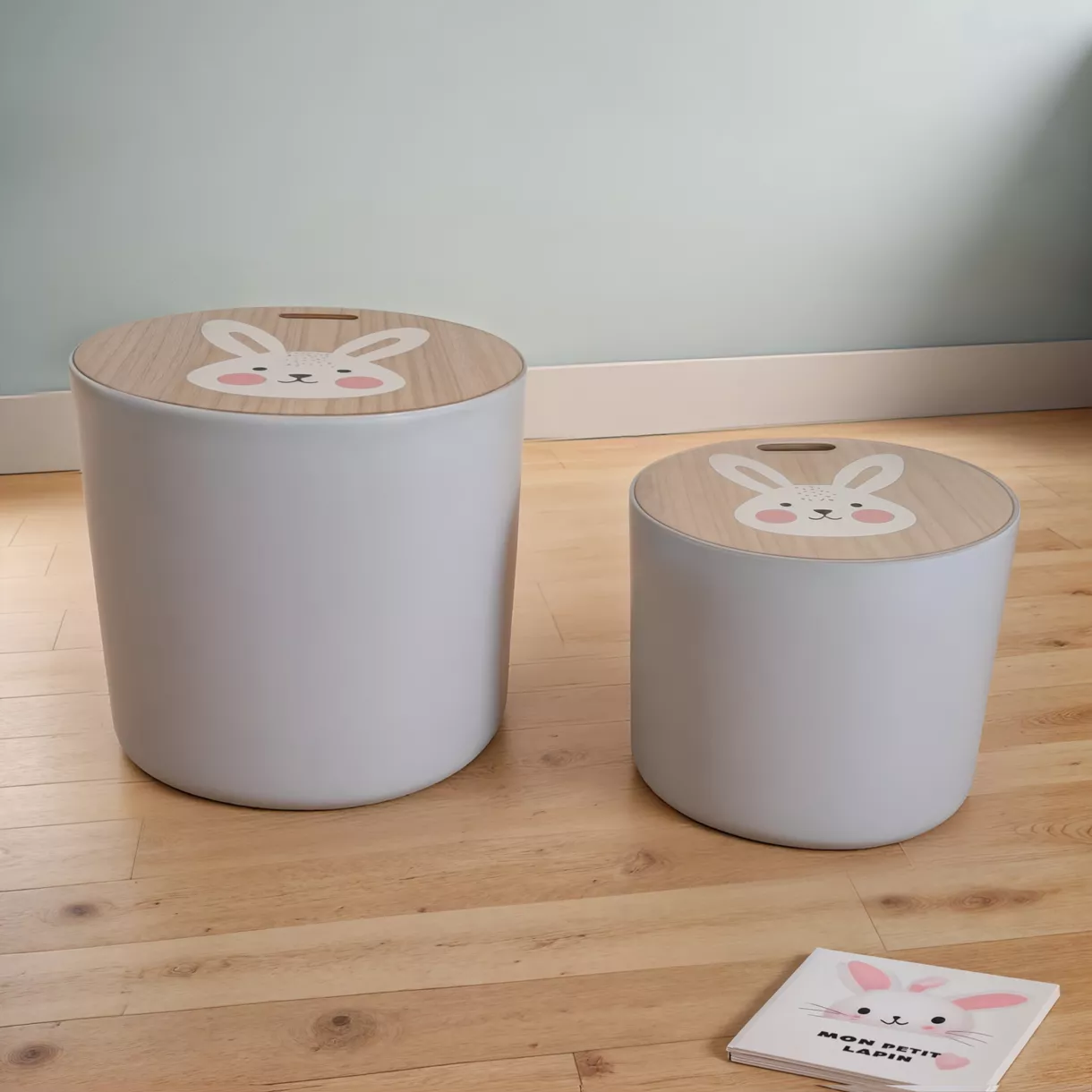 eminza Lots de 2 poufs de rangement gigognes enfant bois (H31 et 24 cm) Lapin Gris