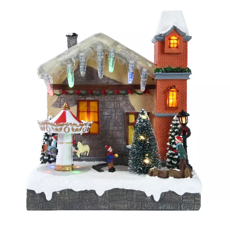eminza Maison de village illuminée et musicale à piles Carousel sous la neige