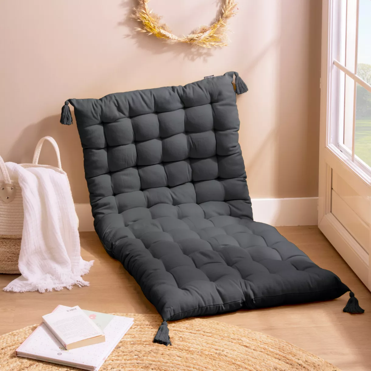 eminza Matelas de sol coton (120 x 60 cm) Pixel Gris anthracite