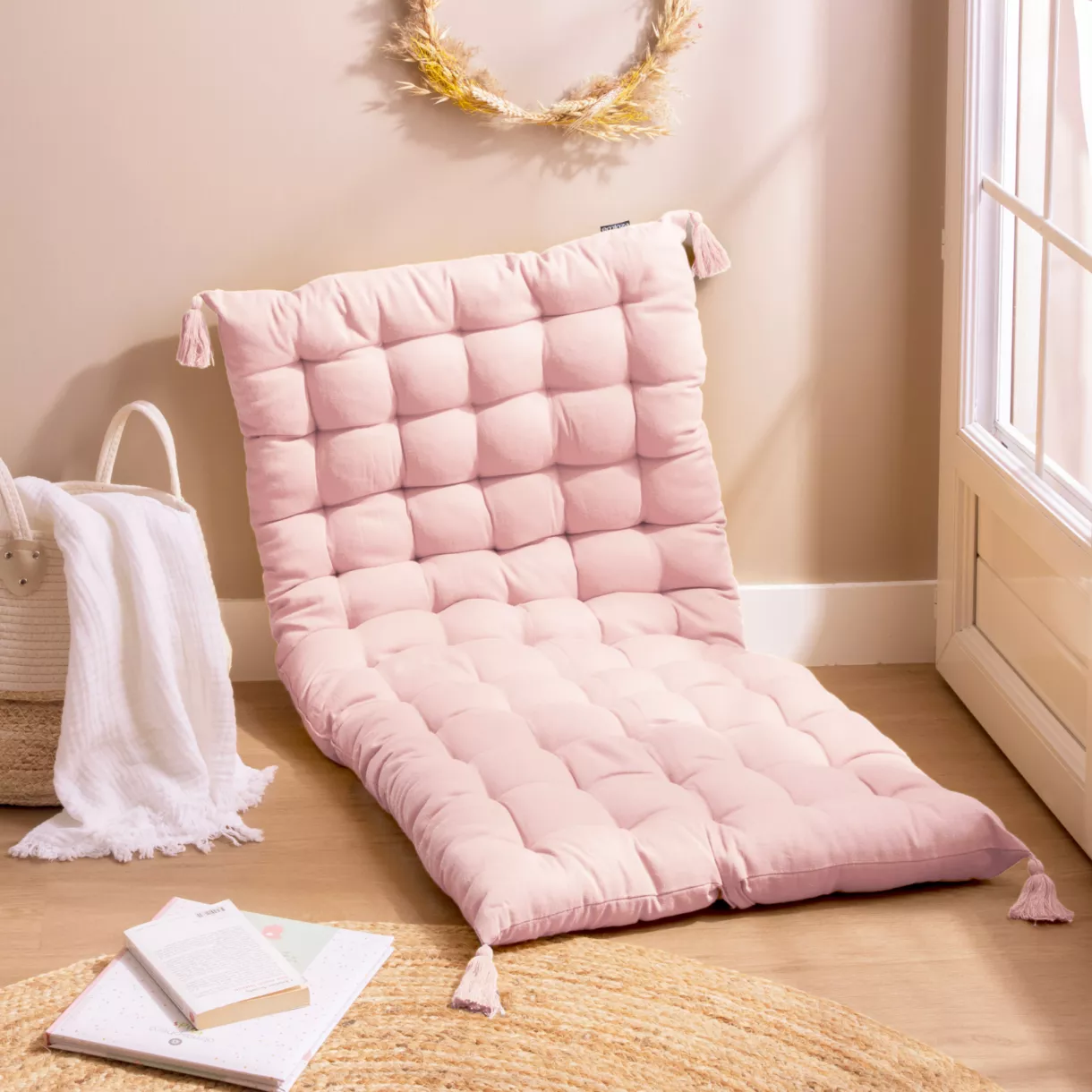eminza Matelas de sol coton (120 x 60 cm) Pixel Rose poudré