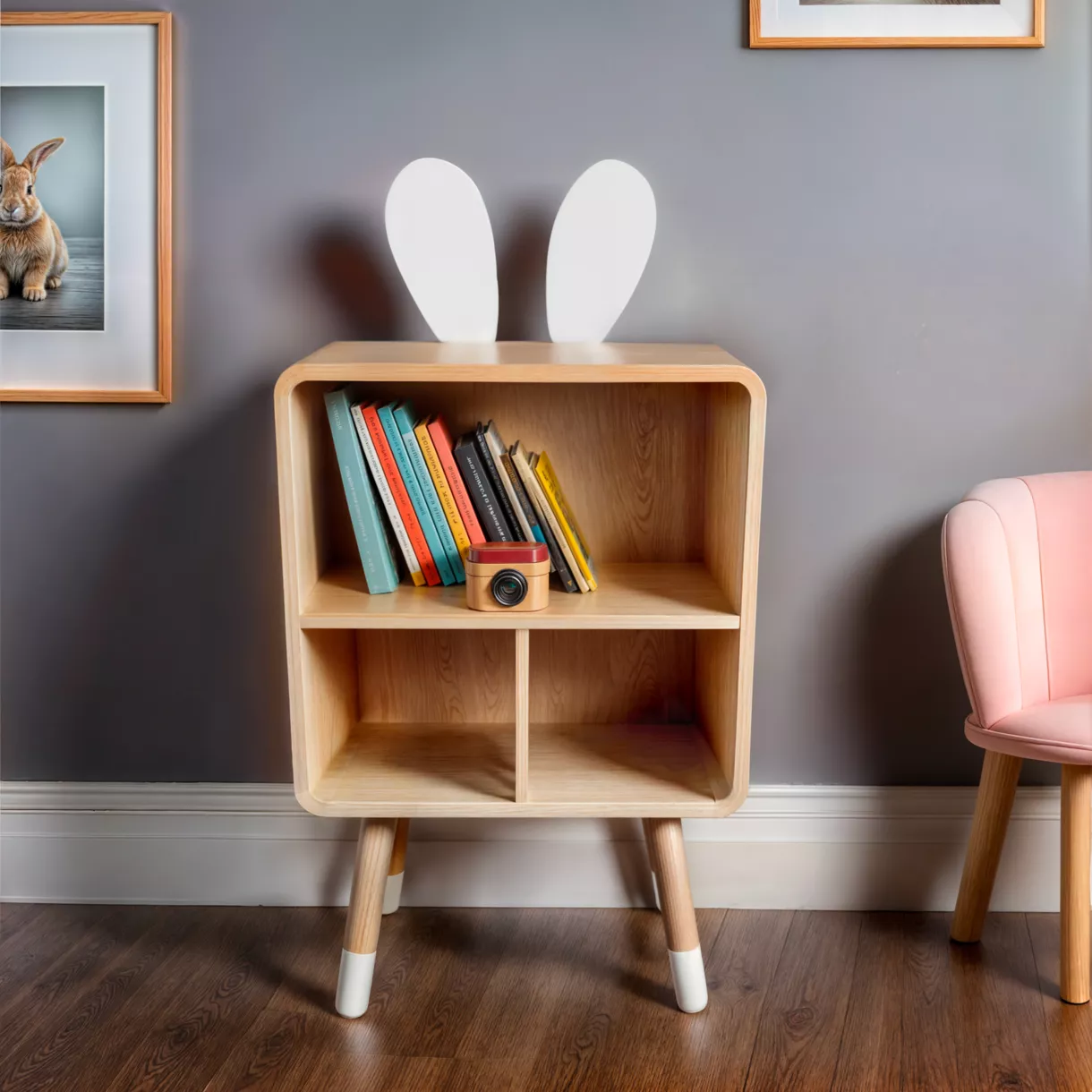 eminza Meuble de rangement enfant 3 cases bois (H76 5 cm) Lapin Beige