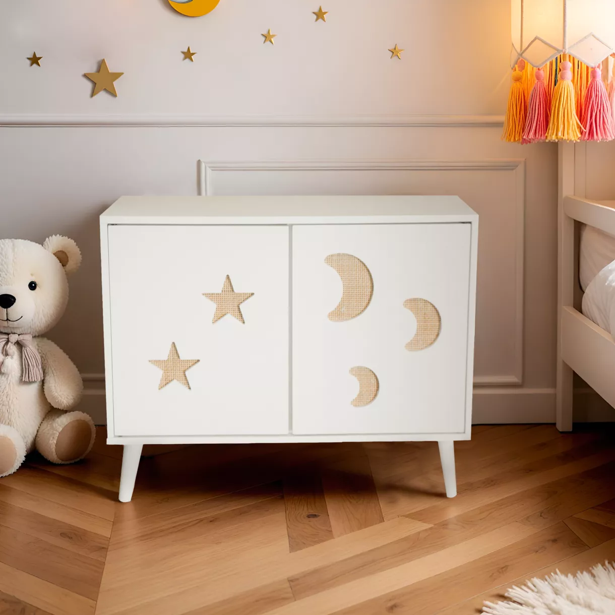 eminza Meuble de rangement enfant bois 2 portes (H65 cm) Stars Blanc