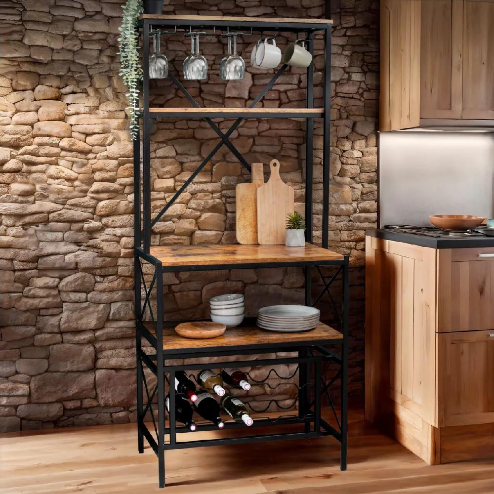 eminza Meuble range-bouteilles industriel 10 emplacements et porte-verres (H178 cm) Léon Marron