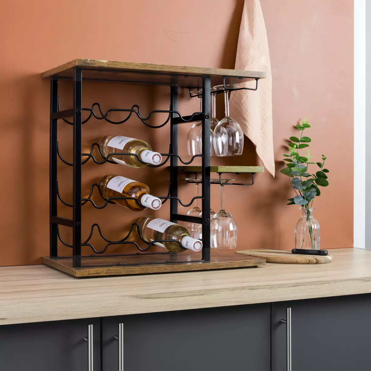 eminza Meuble range-bouteilles industriel 12 emplacements et porte-verres (H50 cm) Arthur Noir