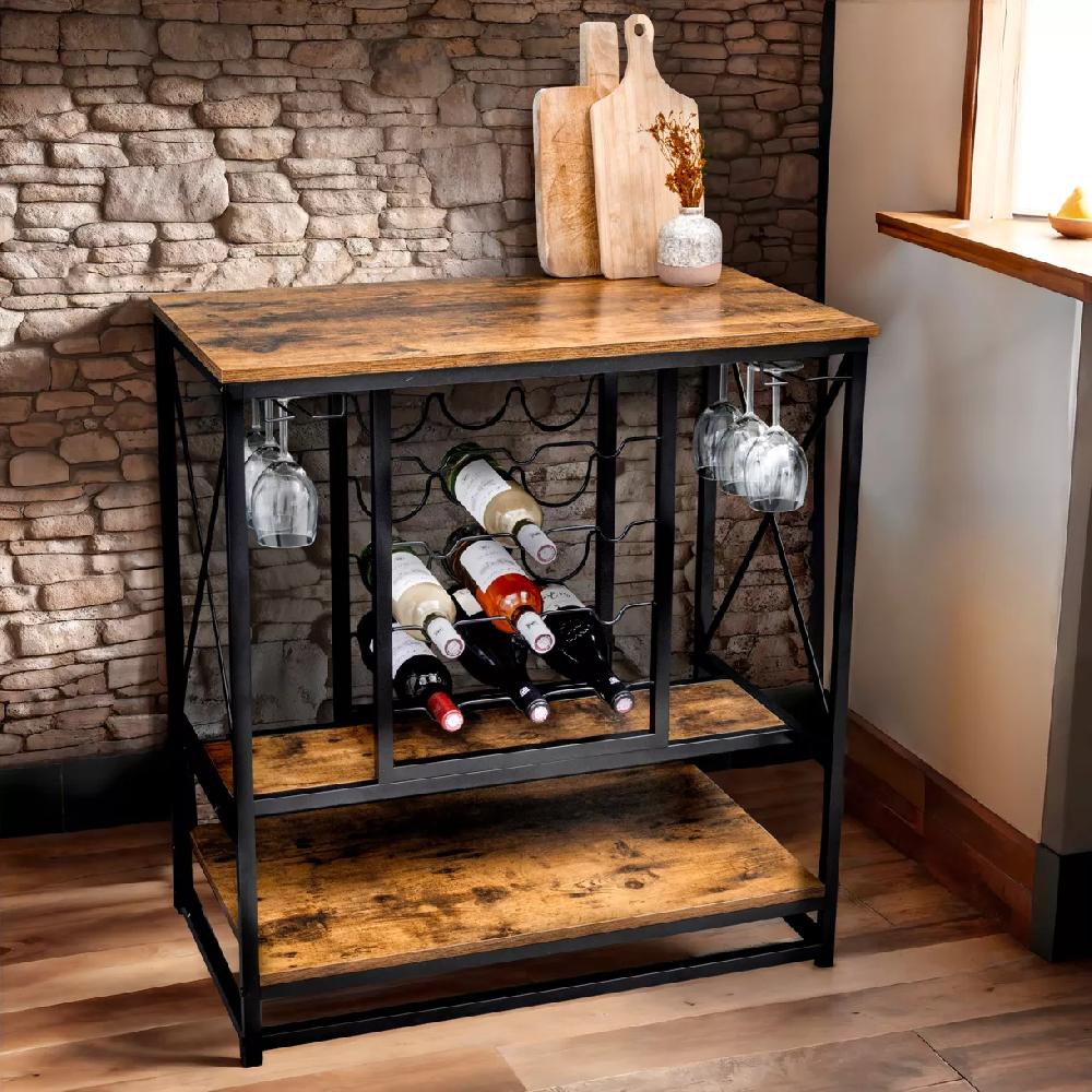 eminza Meuble range-bouteilles industriel 12 emplacements et porte-verres (H86 cm) Louis Marron