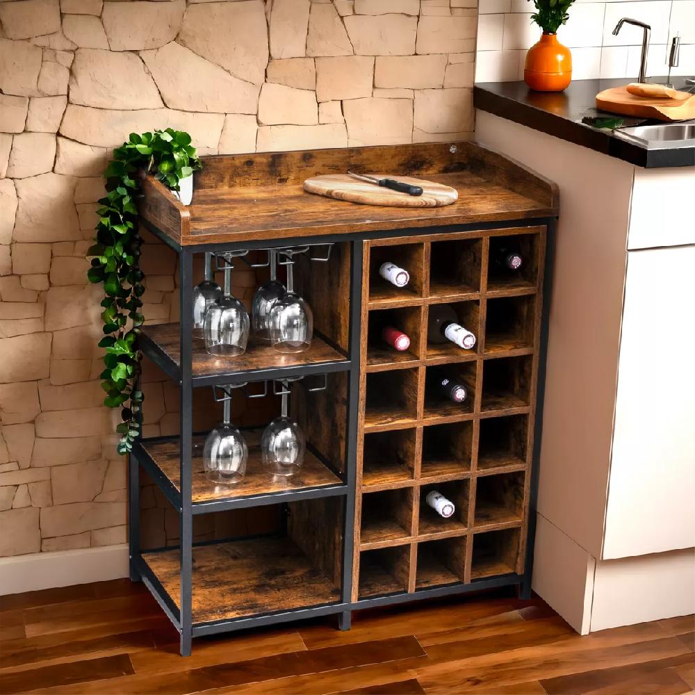 eminza Meuble range-bouteilles industriel 18 emplacements et porte-verres (H82 cm) Paul Marron