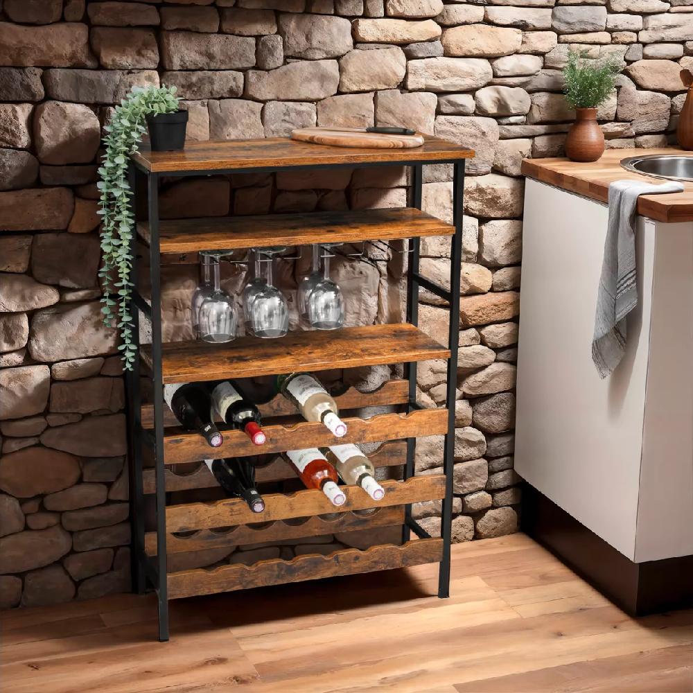 eminza Meuble range-bouteilles industriel 18 emplacements et porte-verres (H100 cm) Hugo Marron