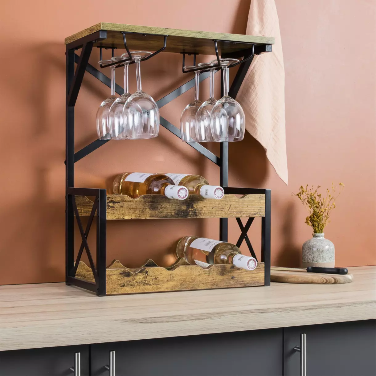 eminza Meuble range-bouteilles industriel 8 emplacements et porte-verres (H56 cm) Tiago Noir