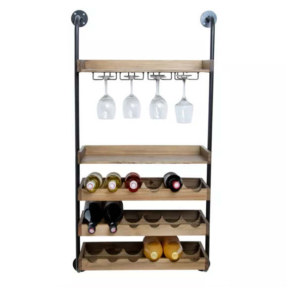 Eminza Meuble Range-bouteilles Mural Bois Et Métal 18 Emplacements Et Porte-verres (H120 Cm) Isaac Marron