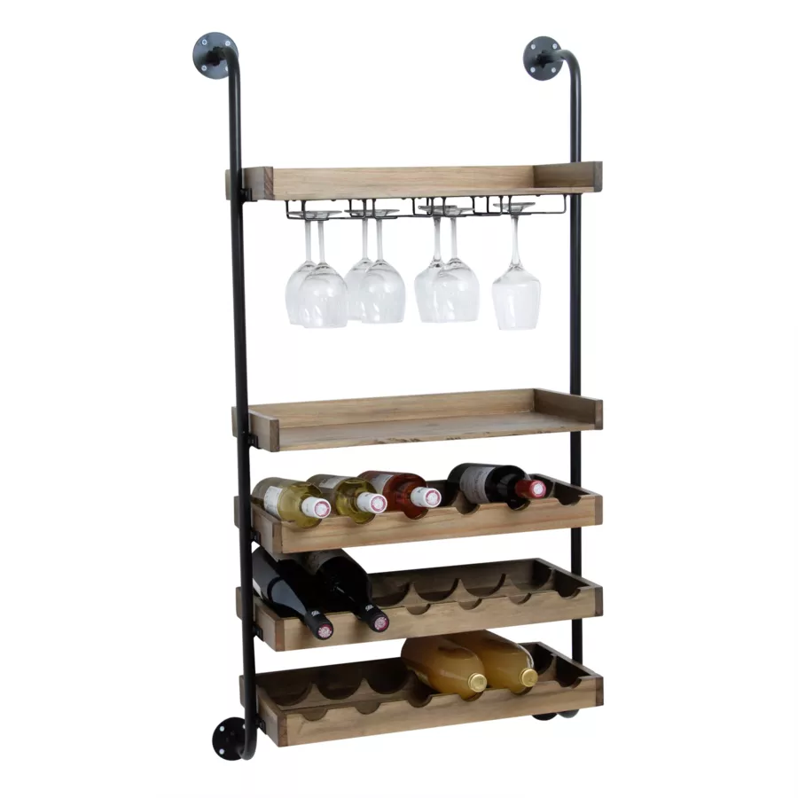 Eminza Meuble Range-bouteilles Mural Bois Et Métal 18 Emplacements Et Porte-verres (H120 Cm) Isaac Marron