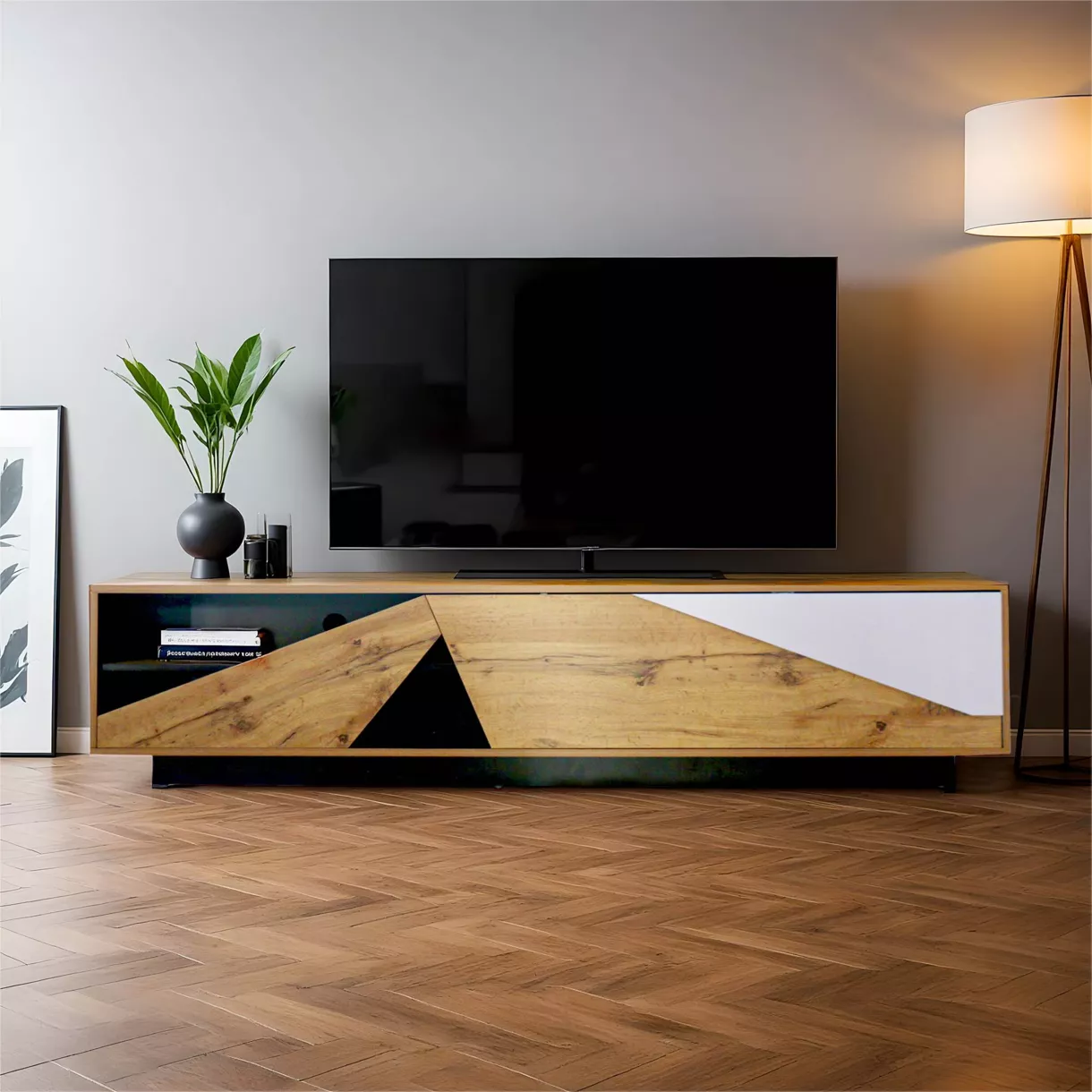 eminza Meuble TV en bois design (L180 x 40 cm) Alabama Blanc noir et naturel