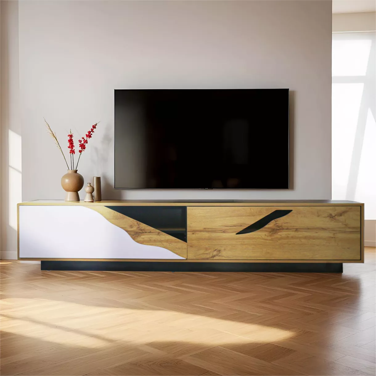 eminza Meuble TV en bois design (L180 x 40 cm) Florida Blanc noir et naturel