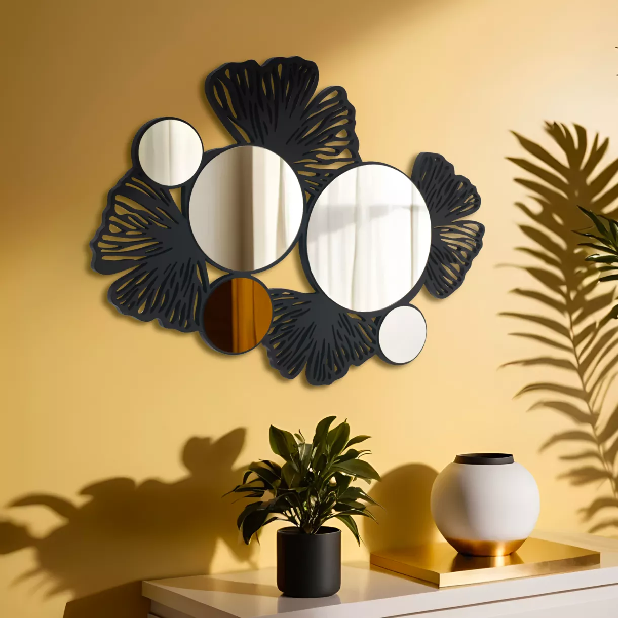 eminza Miroir et décoration murale en bois (77 cm) Ginkgo Noir