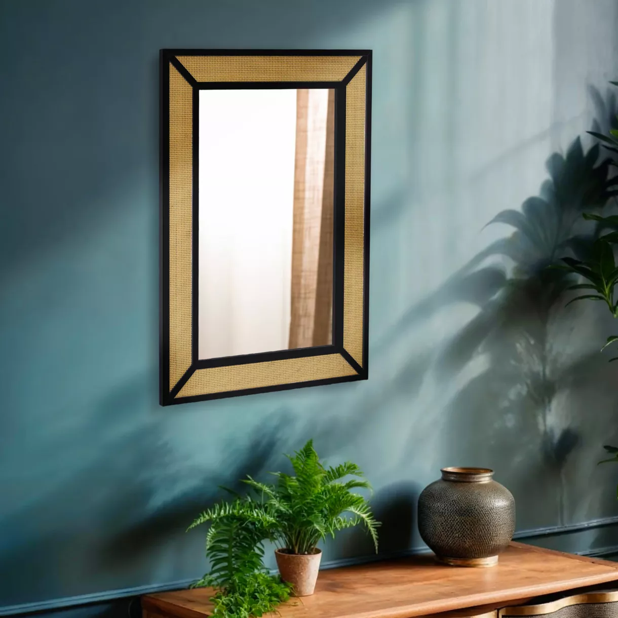 eminza Miroir mural en métal (H101 cm) Cannage Naturel et noir