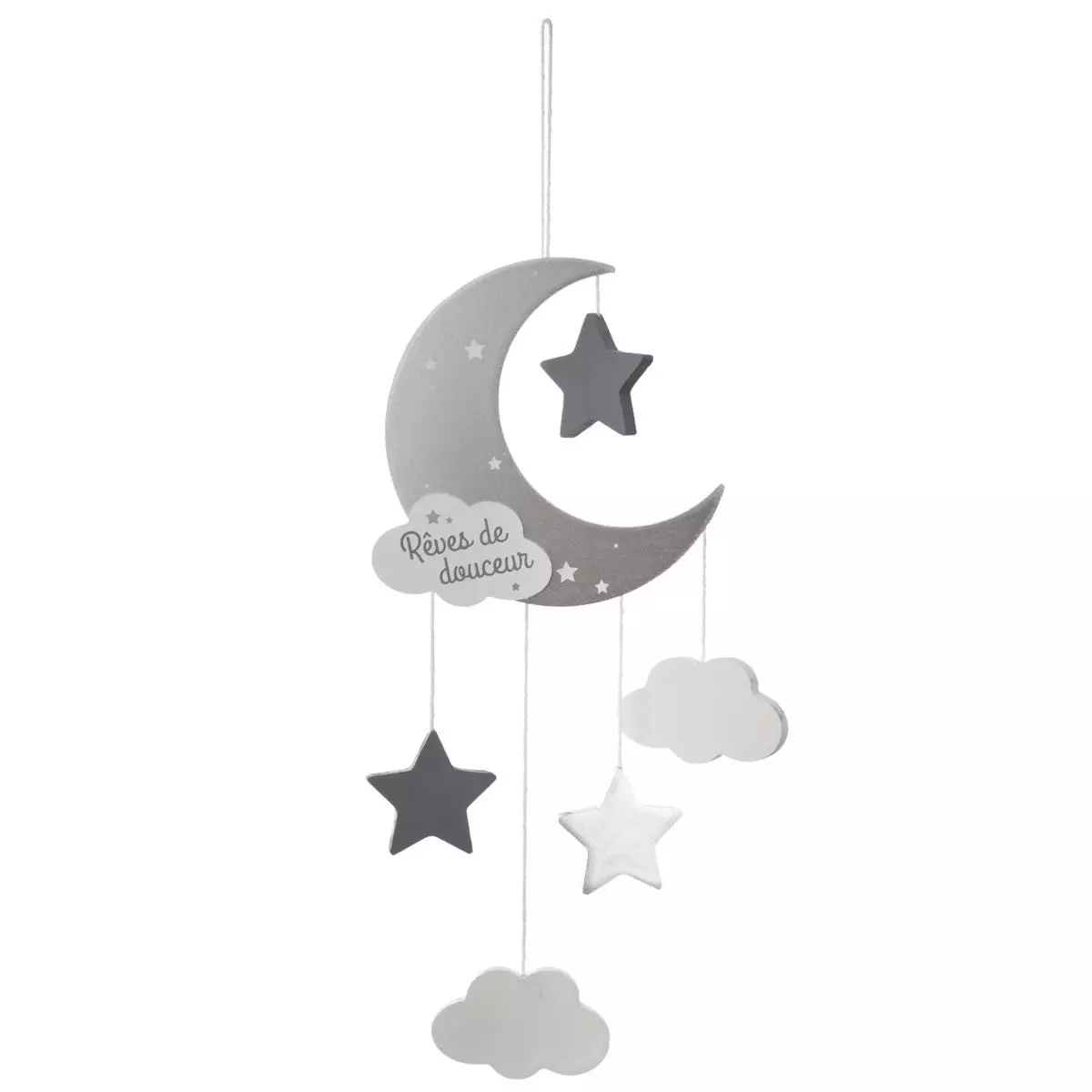 eminza Mobile bébé bois et coton (H43.5 cm) Lune Gris