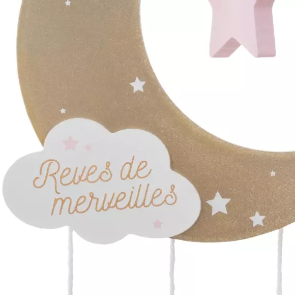 Eminza Mobile Bébé Bois Et Coton (H43.5 Cm) Lune Rose