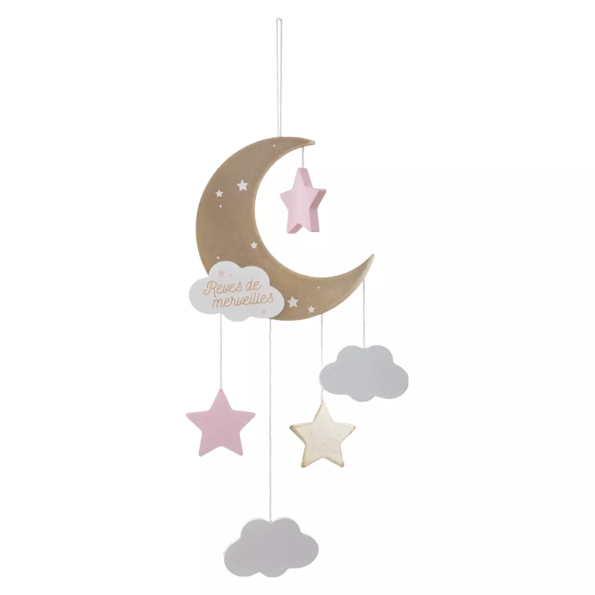 eminza Mobile bébé bois et coton (H43.5 cm) Lune Rose