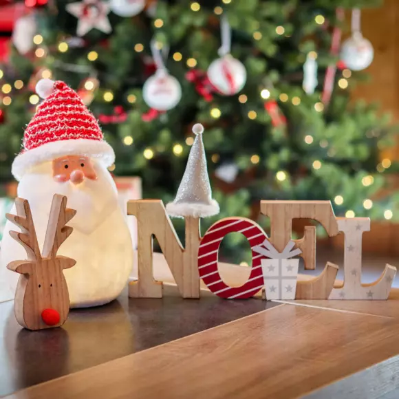 Eminza Mot à Poser "Noël" En Bois (H12 Cm) Chapeau Pailleté Argent