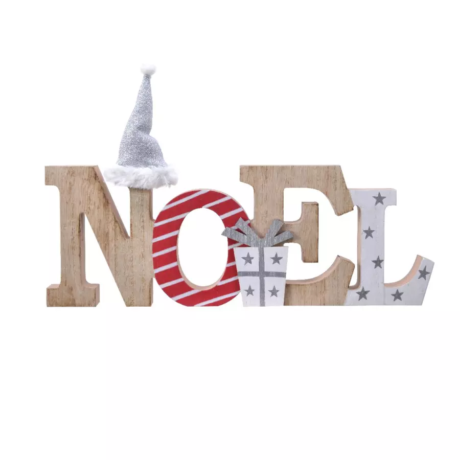 Eminza Mot à Poser "Noël" En Bois (H12 Cm) Chapeau Pailleté Argent